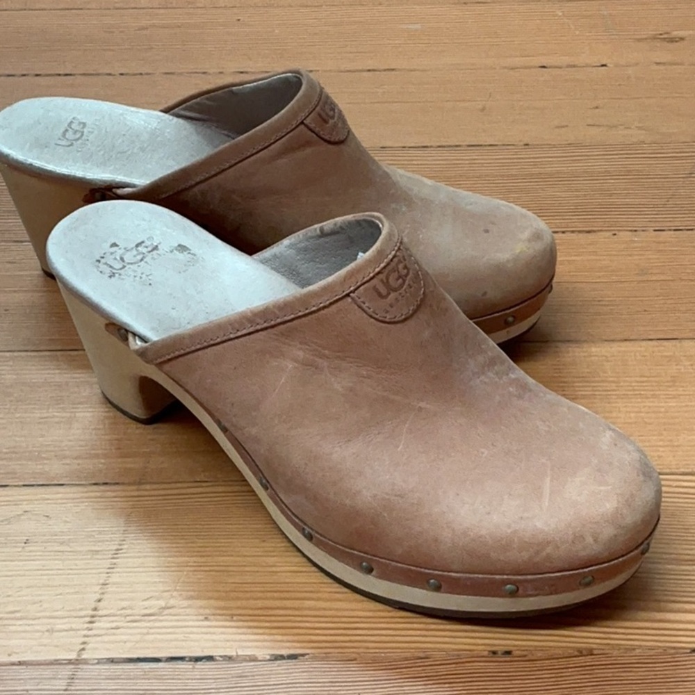 UGG Tan Mule Clogs with Wooden Heel